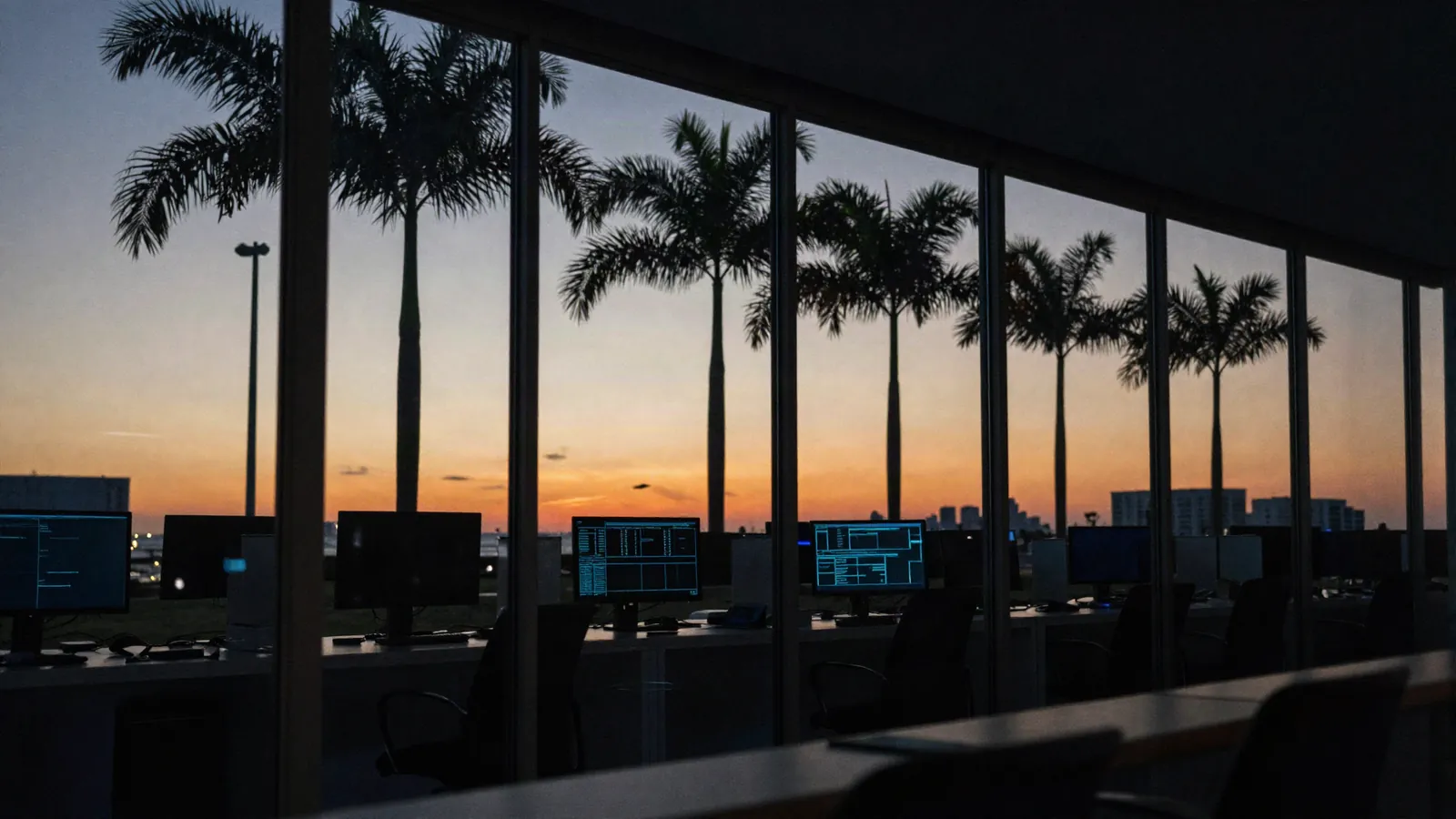 Oficina en Miami al atardecer, con el reflejo de pantallas de datos en el cristal.