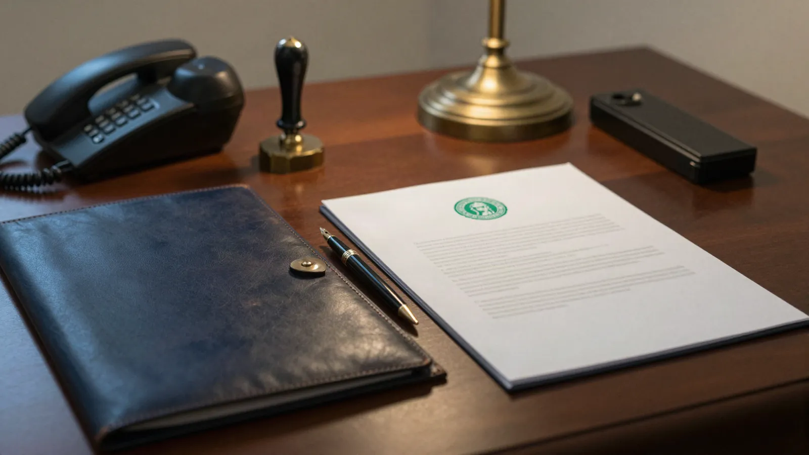 Escritorio de un despacho con una carpeta de cuero, pluma y un documento con sello verde.