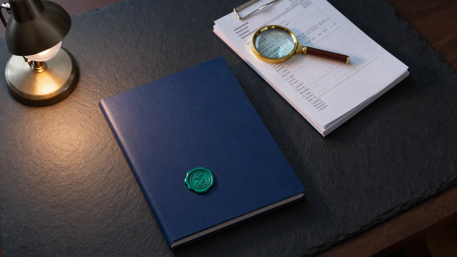 Expediente forense sellado sobre un escritorio, con recibo, lupa y sello verde.