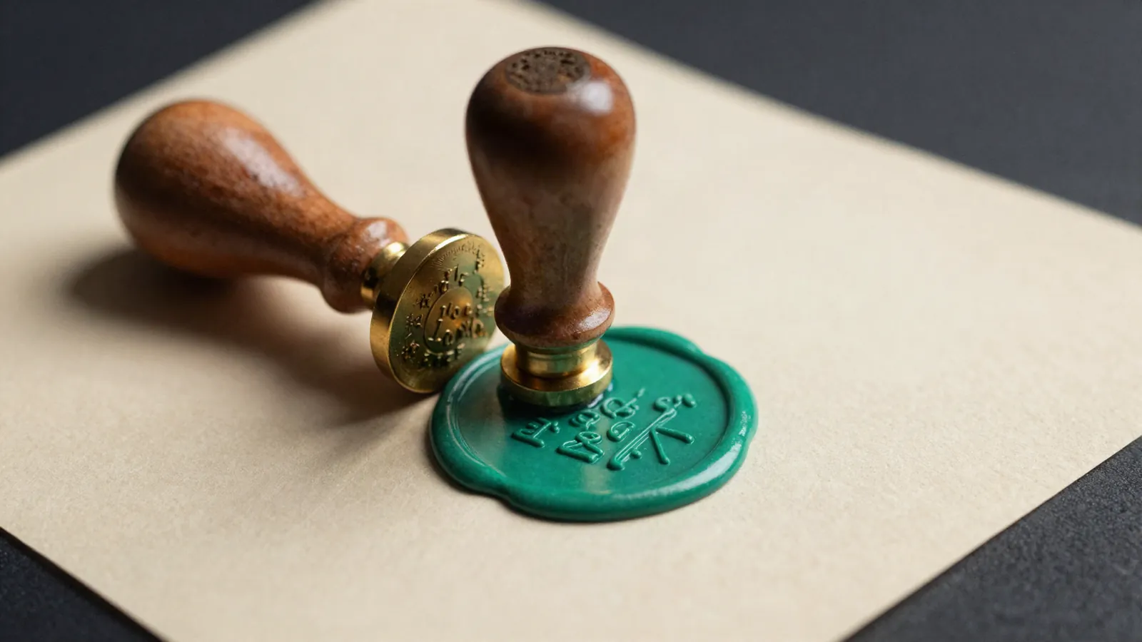 Sello de lacre verde sobre papel vitela, con el cuño de madera al lado.